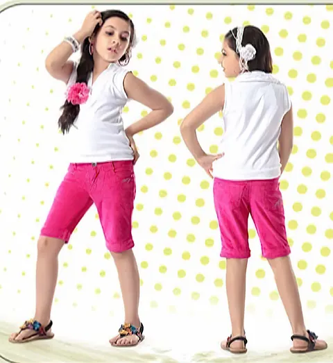 Front and back view of a girl in pink Miloni cord capris