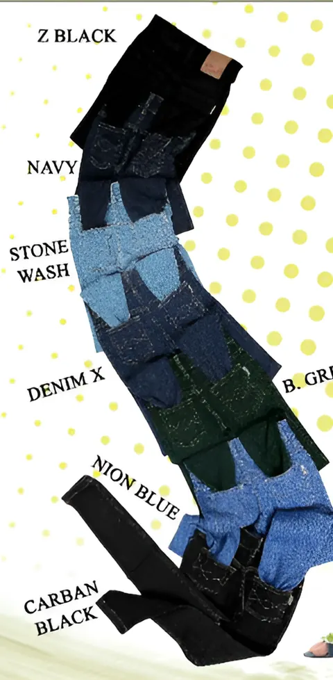M 6666 Nero pants fanned out in seven washes from Z black to neon blue